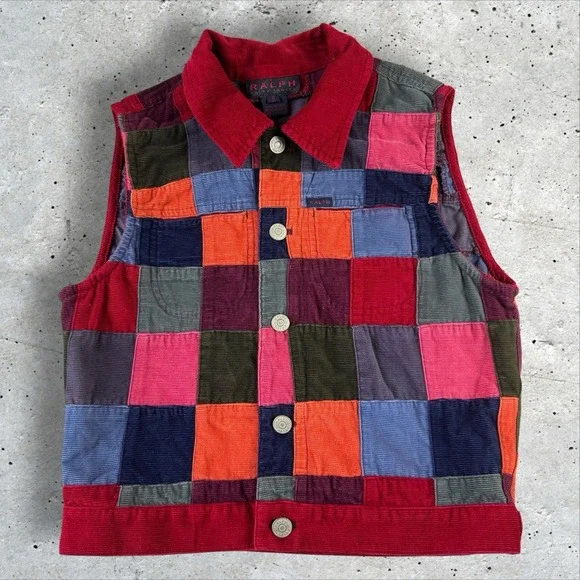 Vtg Y2K Ralph Lauren Colorful Corduroy Patchwork Quilted Vest Womens Sz S - Picture 1 of 5